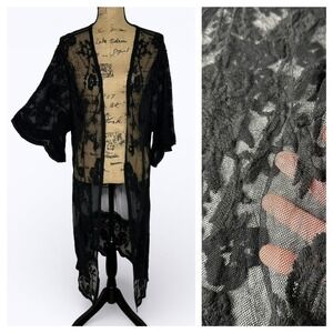 Black Floral Sheer Mesh Duster Kimono Flare Sleeve Fairy Grunge Whimsigoth OS